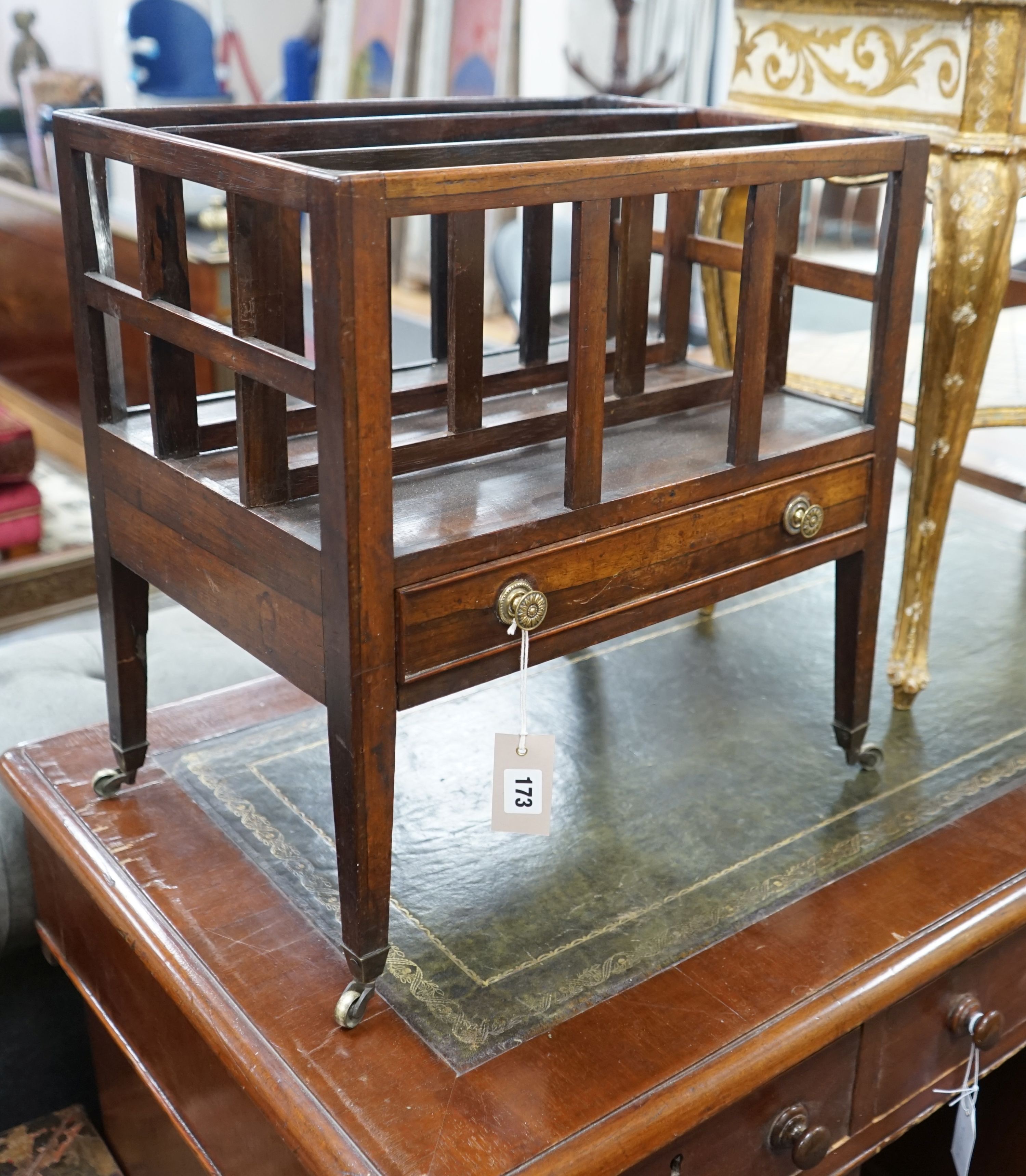 A Regency provincial rosewood three division Canterbury, width 45cm, depth 32cm, height 48cm